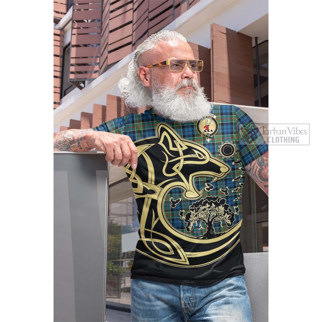 Tartan Vibes Clothing Colquhoun Ancient Tartan Cotton T-shirt with Family Crest Celtic Wolf Style