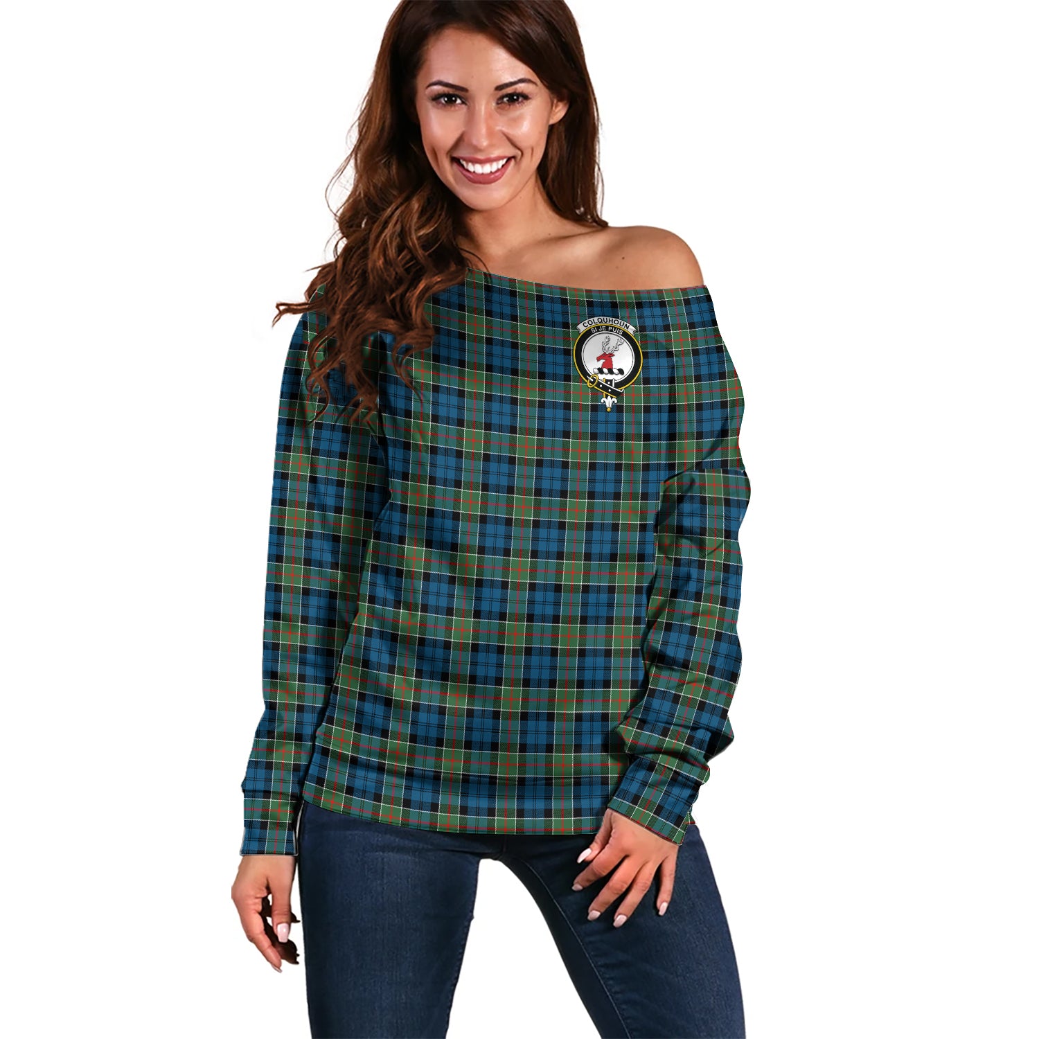 Colquhoun Ancient Tartan Off Shoulder Women Sweater with Family Crest Women - Tartanvibesclothing