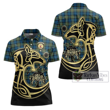 Colquhoun Ancient Tartan Women's Polo Shirt with Family Crest Celtic Wolf Style