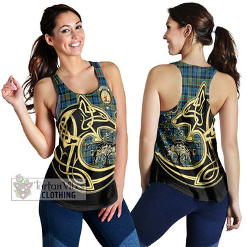 Colquhoun Ancient Tartan Women's Racerback Tanks with Family Crest Celtic Wolf Style