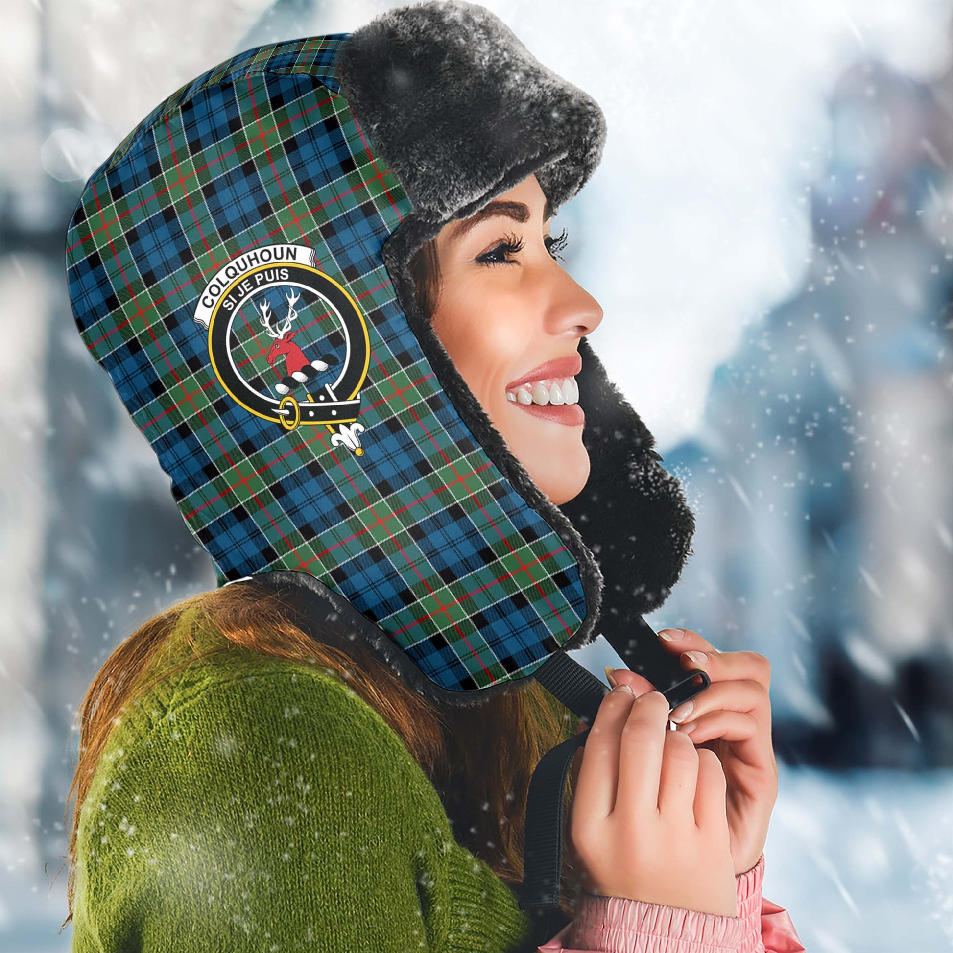 Colquhoun Ancient Tartan Winter Trapper Hat with Family Crest Winter Trapper Hat Universal Fit Circumference 22.8in (58cm) - Tartanvibesclothing