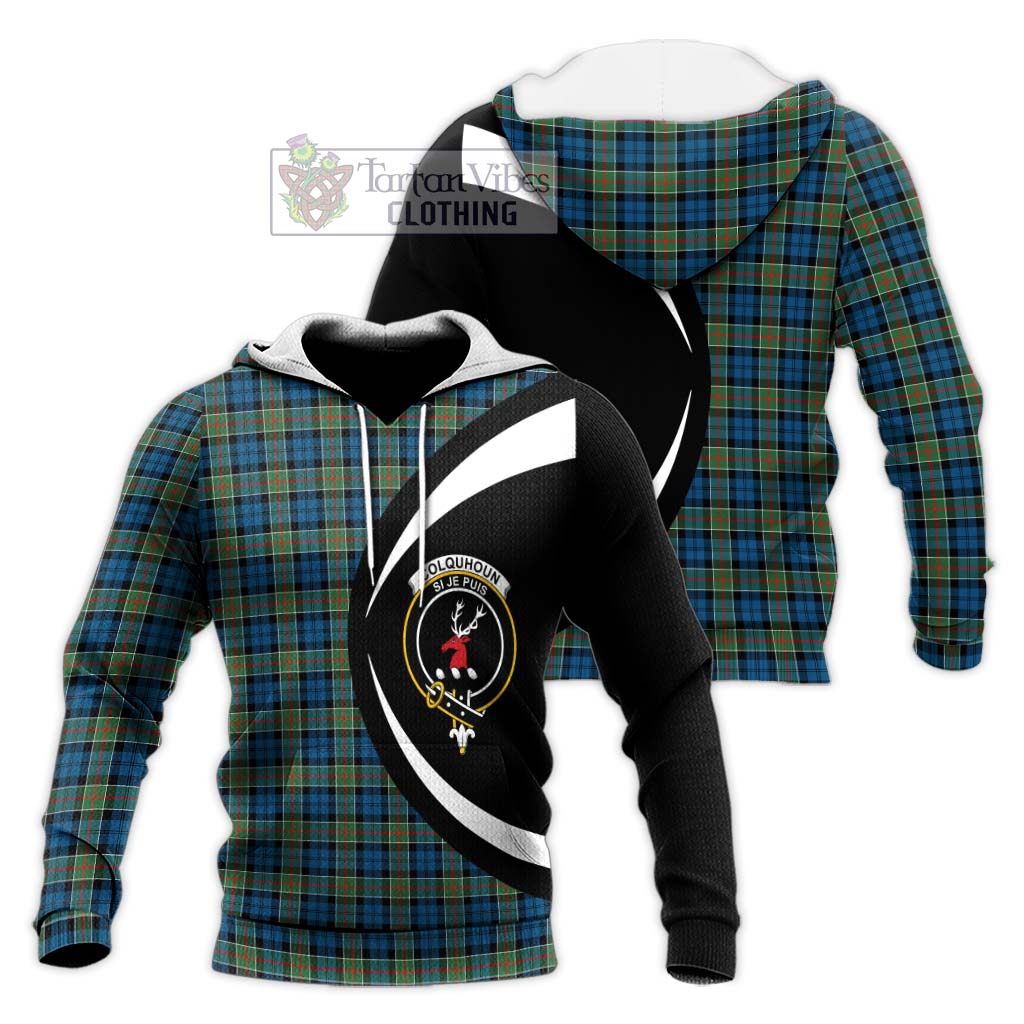 Colquhoun Ancient Tartan Knitted Hoodie with Family Crest Circle Style Unisex Knitted Pullover Hoodie - Tartan Vibes Clothing