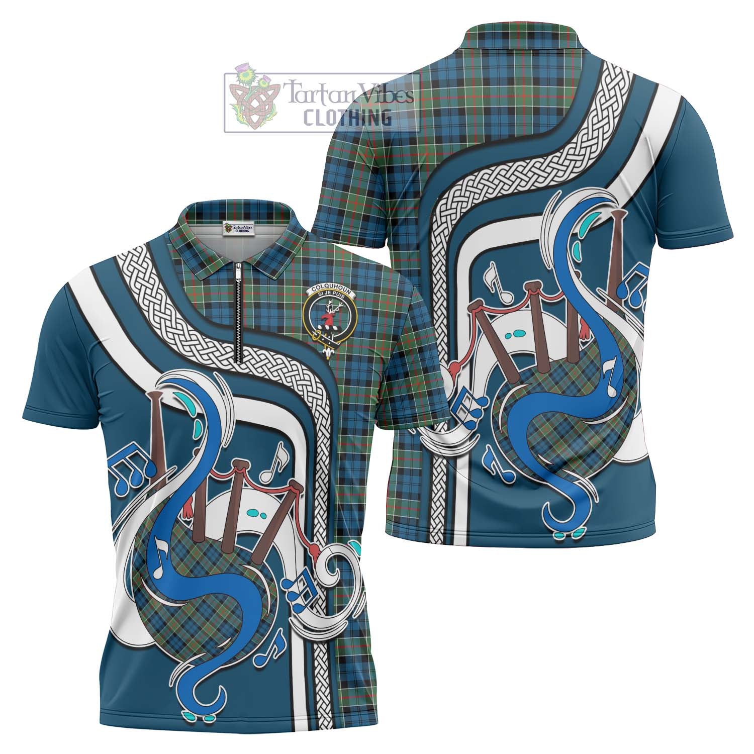 Tartan Vibes Clothing Colquhoun Ancient Tartan Zipper Polo Shirt with Epic Bagpipe Style