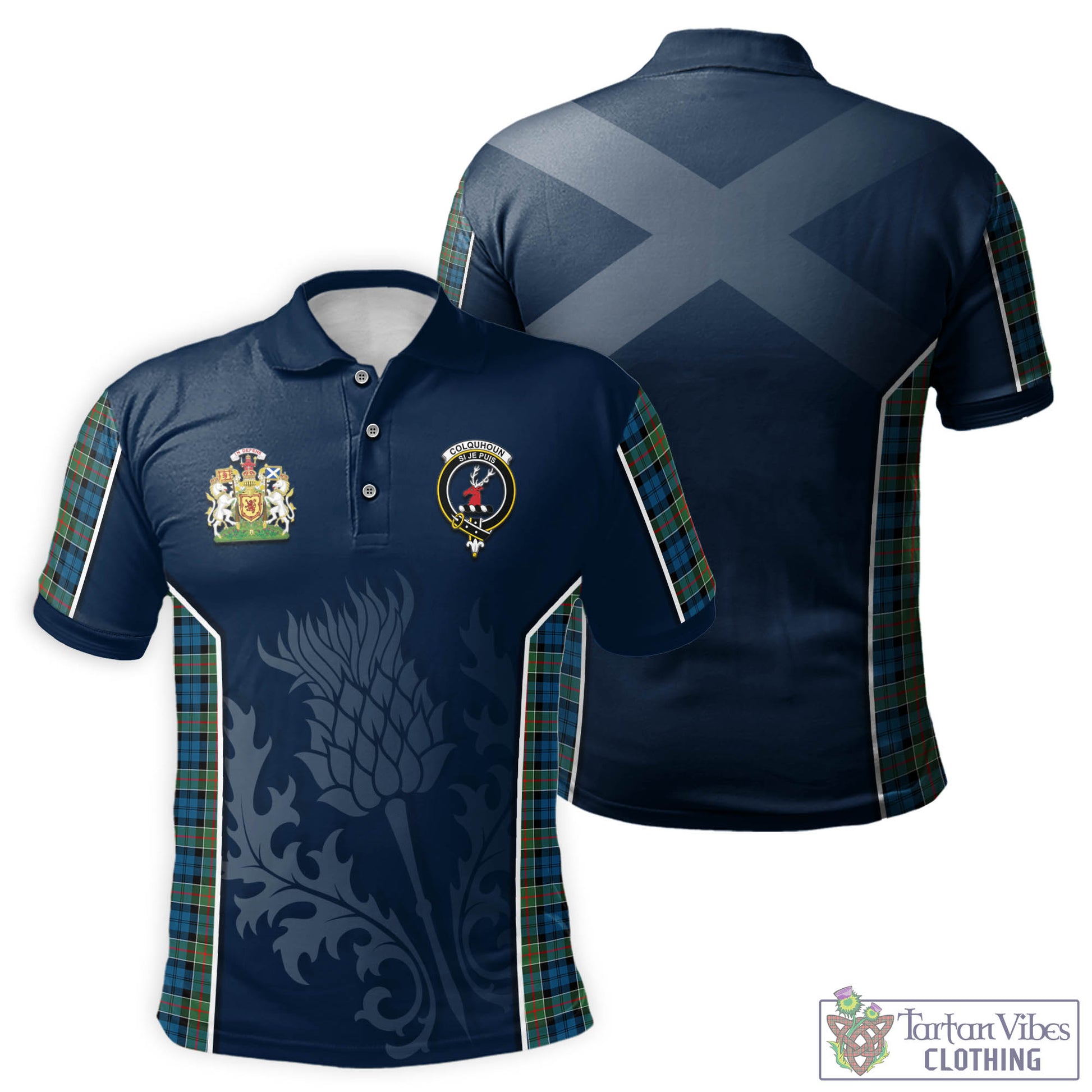 Tartan Vibes Clothing Colquhoun Ancient Tartan Men's Polo Shirt with Family Crest and Scottish Thistle Vibes Sport Style