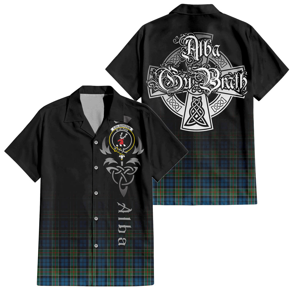 Tartan Vibes Clothing Colquhoun Ancient Tartan Short Sleeve Button Up Featuring Alba Gu Brath Family Crest Celtic Inspired