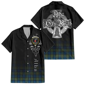 Colquhoun Ancient Tartan Short Sleeve Button Up Shirt Featuring Alba Gu Brath Family Crest Celtic Inspired