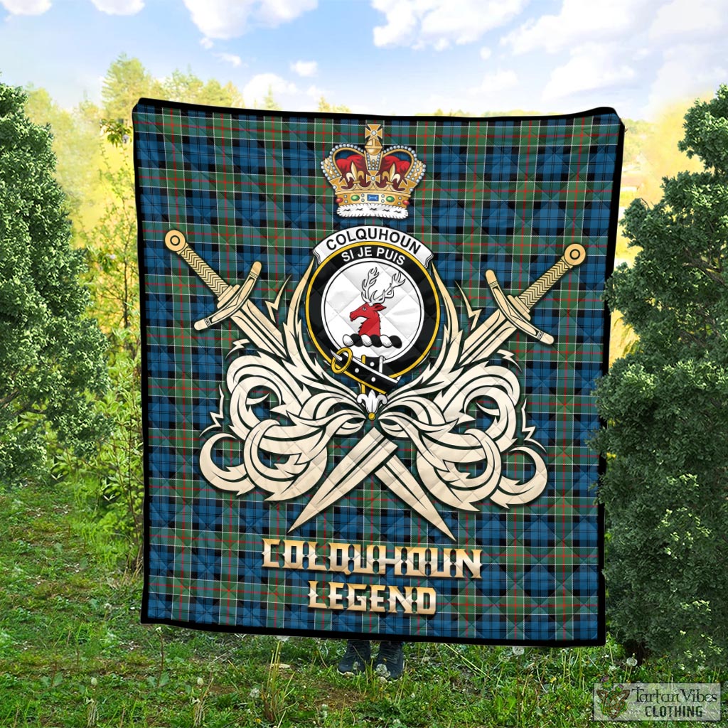 Tartan Vibes Clothing Colquhoun Ancient Tartan Quilt with Clan Crest and the Golden Sword of Courageous Legacy