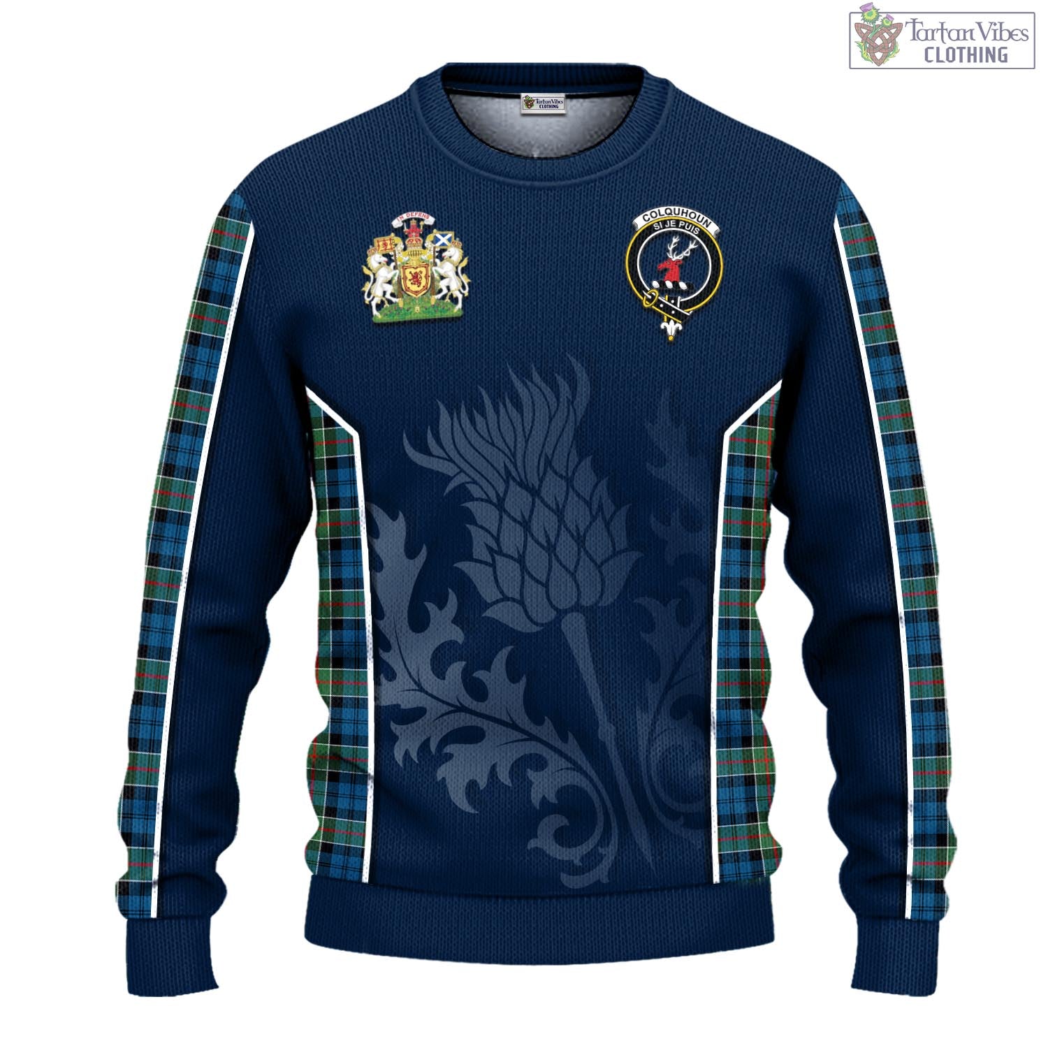 Tartan Vibes Clothing Colquhoun Ancient Tartan Knitted Sweatshirt with Family Crest and Scottish Thistle Vibes Sport Style