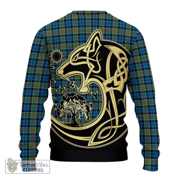 Colquhoun Ancient Tartan Knitted Sweater with Family Crest Celtic Wolf Style