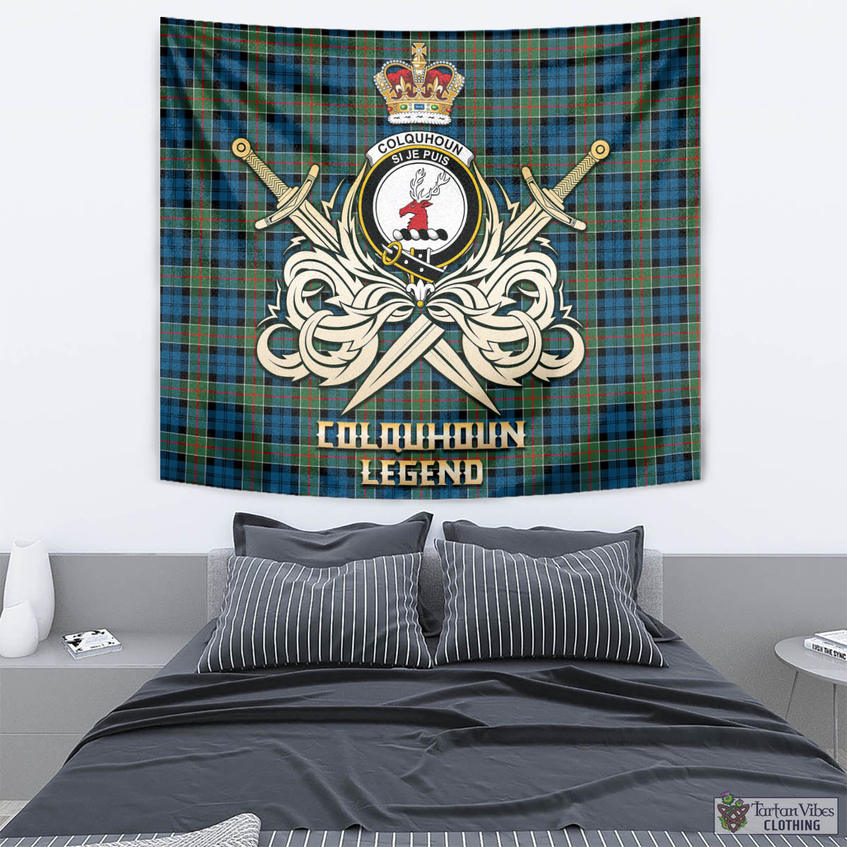 Tartan Vibes Clothing Colquhoun Ancient Tartan Tapestry with Clan Crest and the Golden Sword of Courageous Legacy