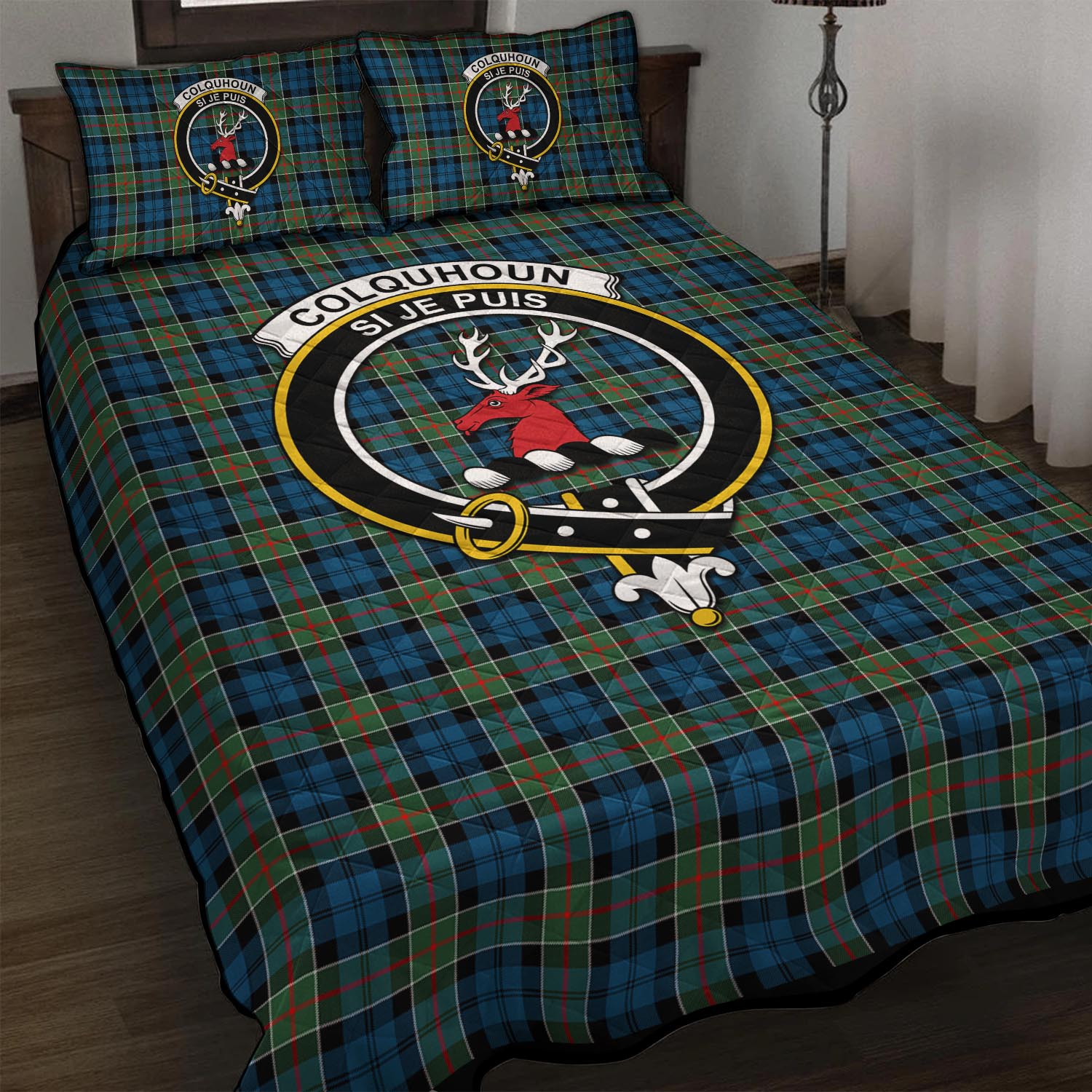 Colquhoun Ancient Tartan Quilt Bed Set with Family Crest - Tartan Vibes Clothing