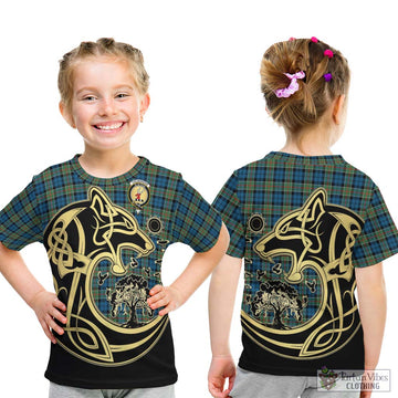 Colquhoun Ancient Tartan Kid T-Shirt with Family Crest Celtic Wolf Style