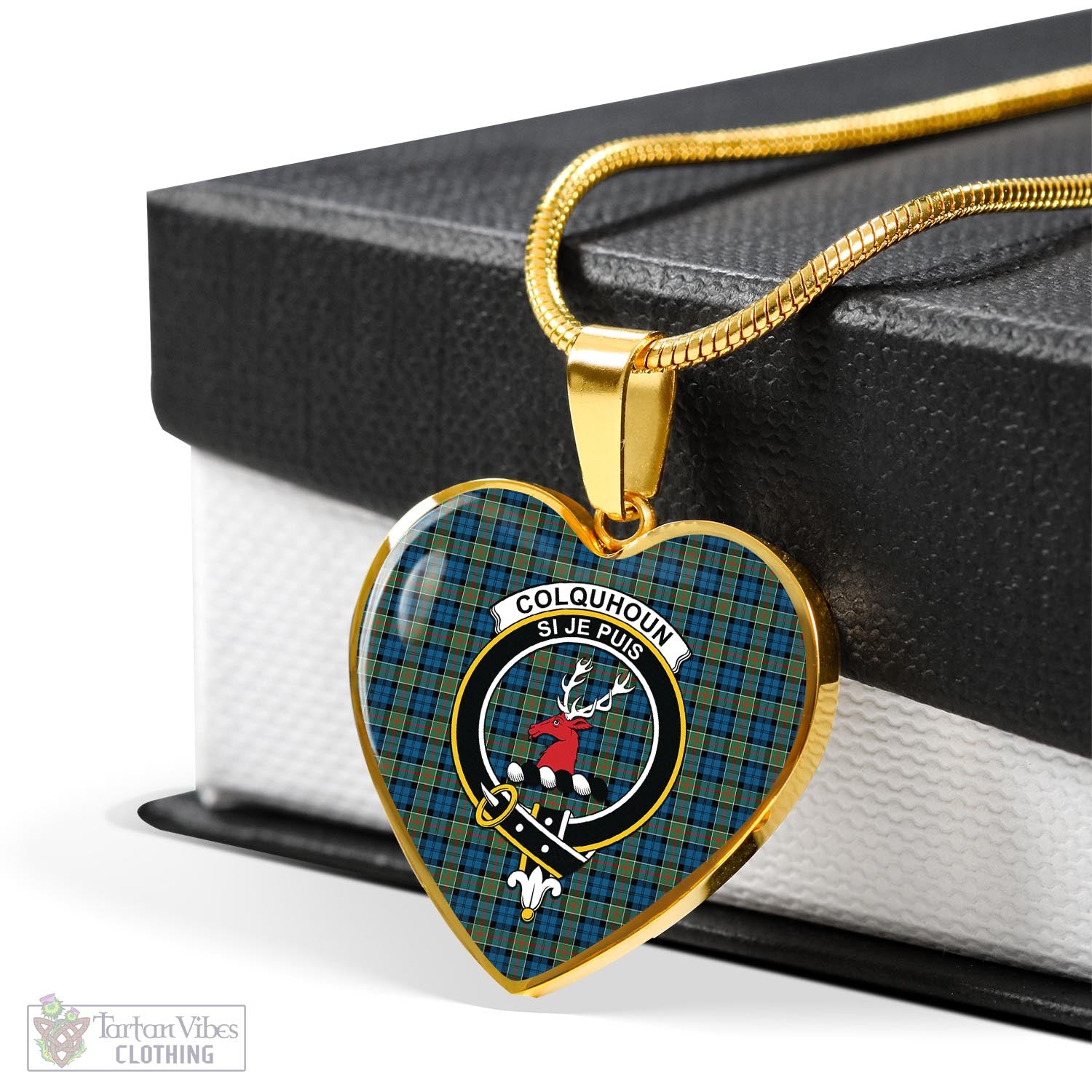 Tartan Vibes Clothing Colquhoun Ancient Tartan Heart Necklace with Family Crest