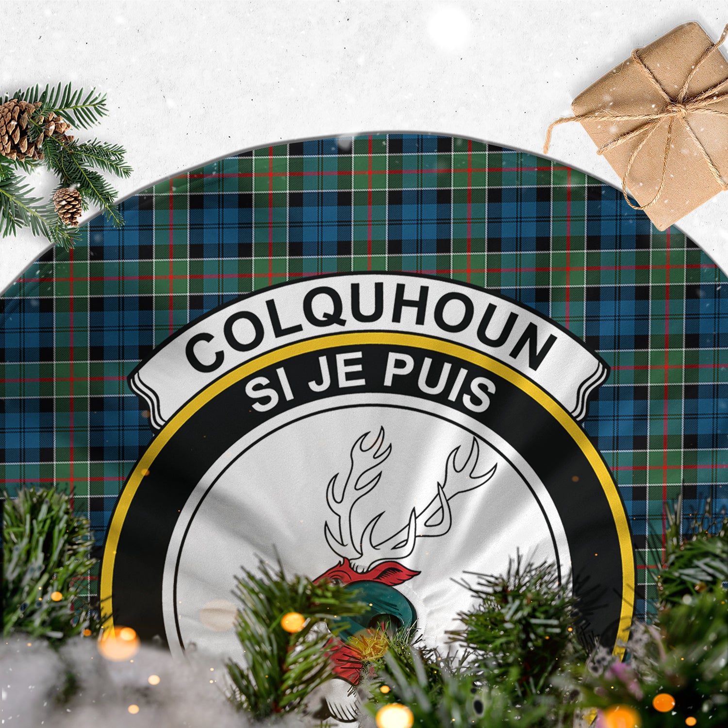 Colquhoun Ancient Tartan Christmas Tree Skirt with Family Crest - Tartanvibesclothing