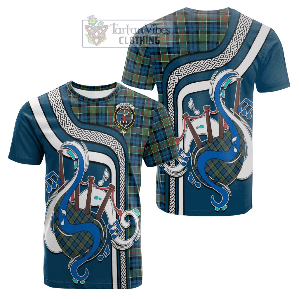 Tartan Vibes Clothing Colquhoun Ancient Tartan Cotton T-shirt with Epic Bagpipe Style