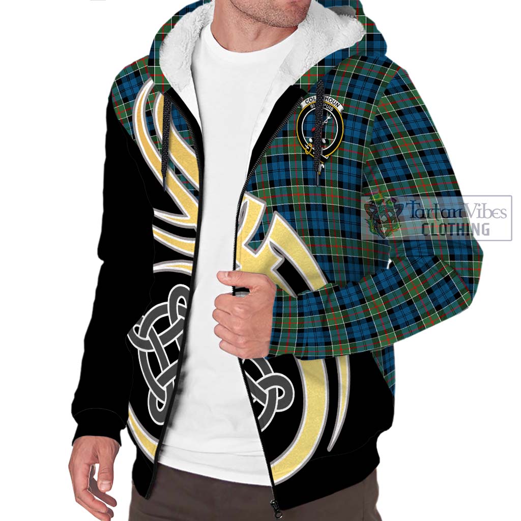 Colquhoun Ancient Tartan Sherpa Hoodie with Family Crest and Celtic Symbol Style - Tartan Vibes Clothing