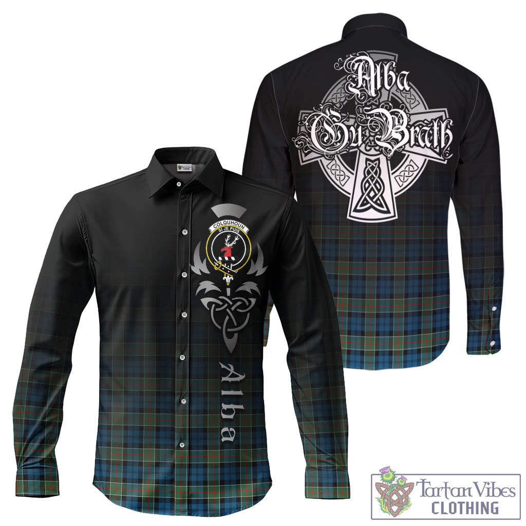 Tartan Vibes Clothing Colquhoun Ancient Tartan Long Sleeve Button Up Featuring Alba Gu Brath Family Crest Celtic Inspired