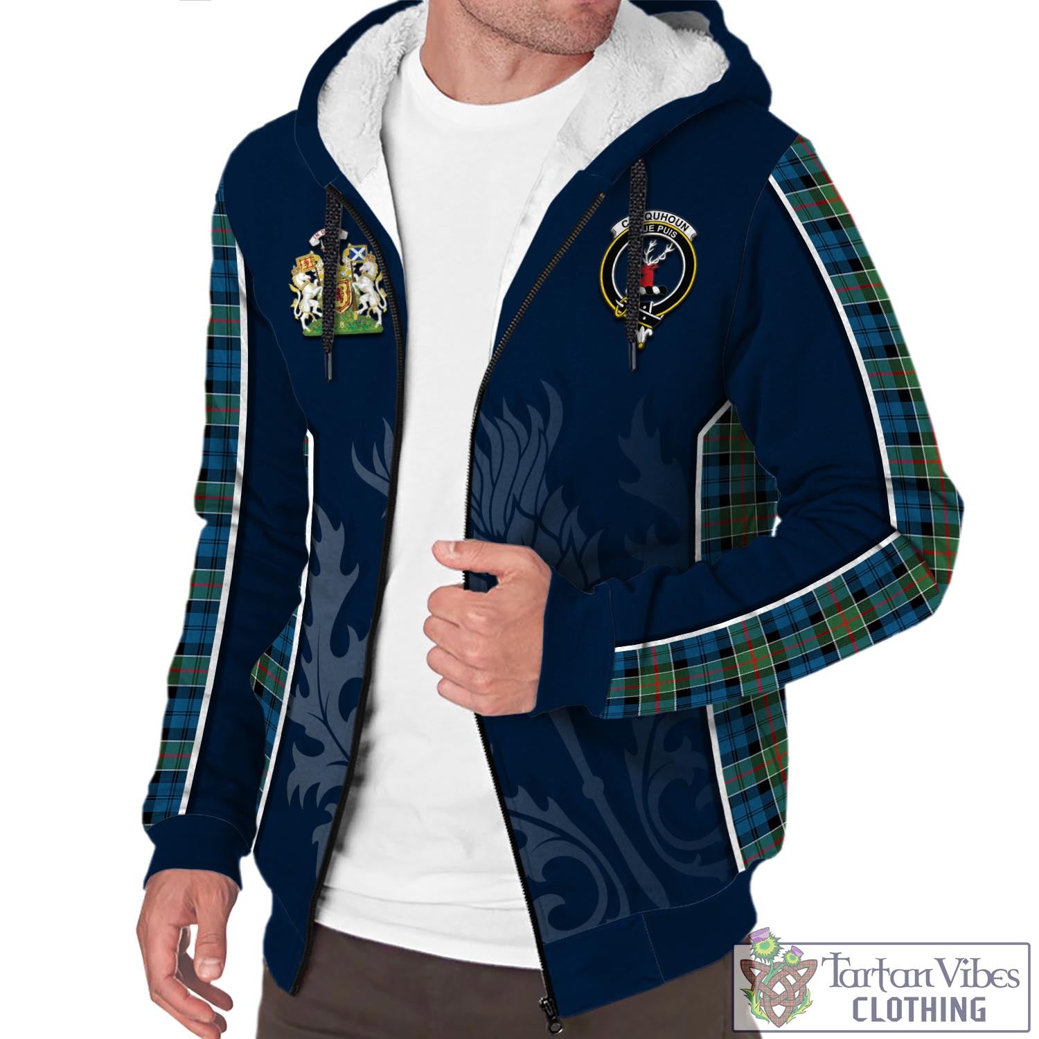 Tartan Vibes Clothing Colquhoun Ancient Tartan Sherpa Hoodie with Family Crest and Scottish Thistle Vibes Sport Style