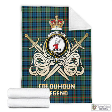 Colquhoun Ancient Tartan Blanket with Clan Crest and the Golden Sword of Courageous Legacy