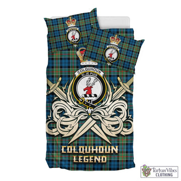 Colquhoun Ancient Tartan Bedding Set with Clan Crest and the Golden Sword of Courageous Legacy