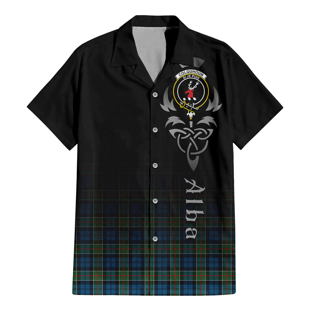 Tartan Vibes Clothing Colquhoun Ancient Tartan Short Sleeve Button Up Featuring Alba Gu Brath Family Crest Celtic Inspired