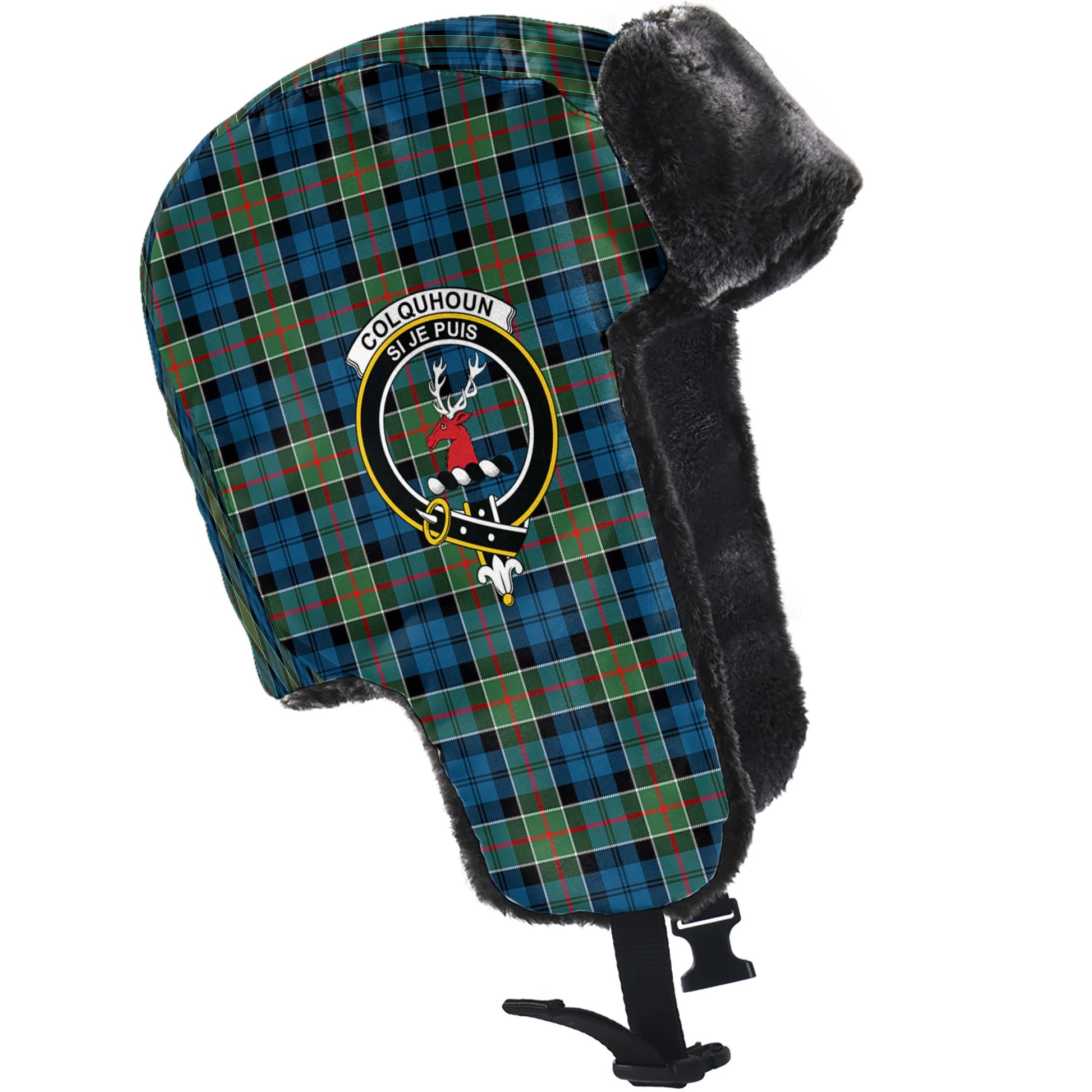 Colquhoun Ancient Tartan Winter Trapper Hat with Family Crest - Tartanvibesclothing