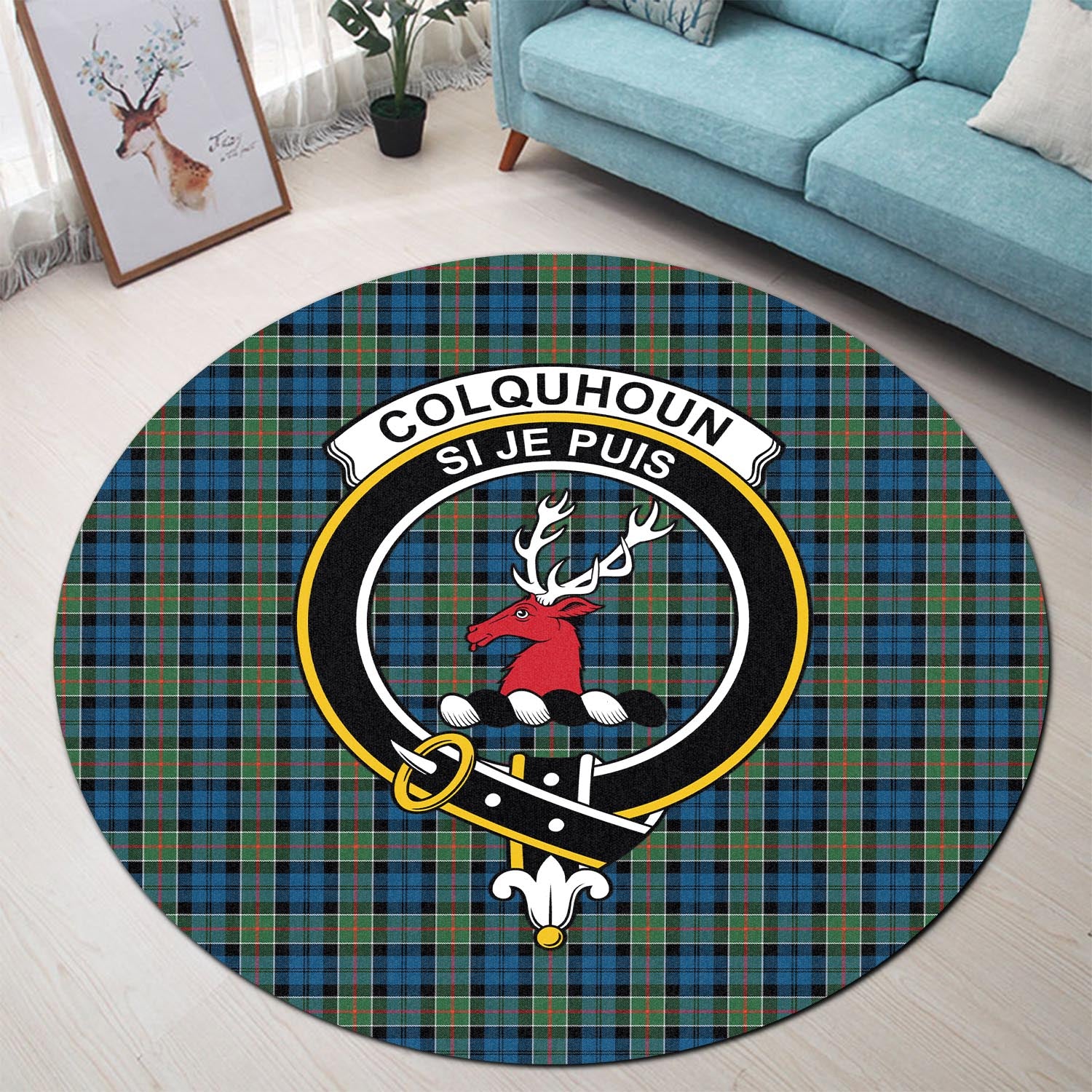 Colquhoun Ancient Tartan Round Rug with Family Crest - Tartanvibesclothing