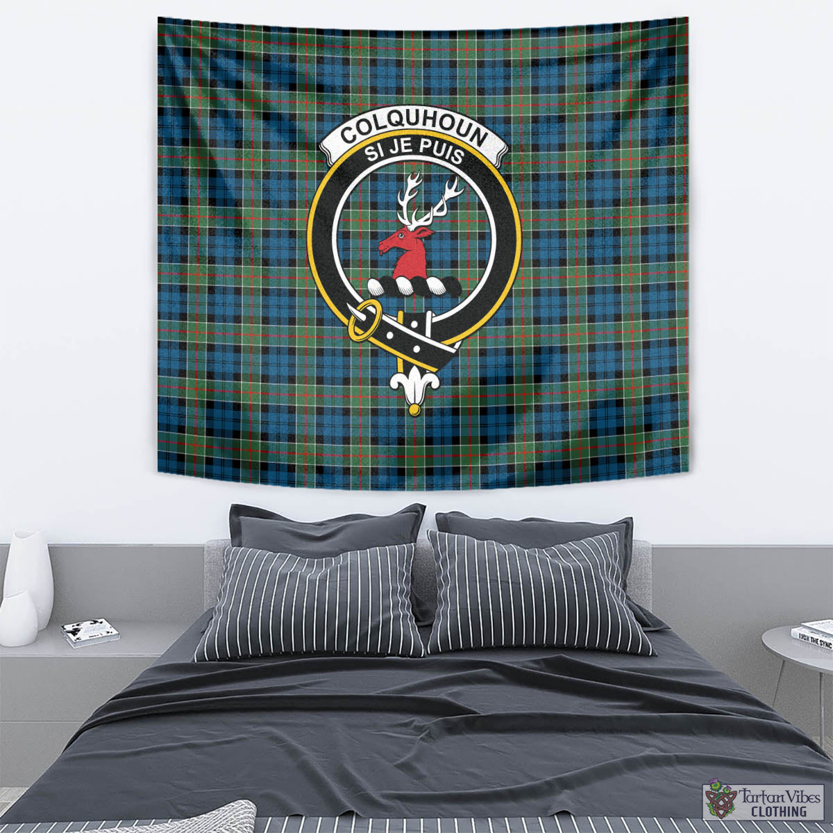 Tartan Vibes Clothing Colquhoun Ancient Tartan Tapestry Wall Hanging and Home Decor for Room with Family Crest