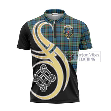 Colquhoun Ancient Tartan Zipper Polo Shirt with Family Crest and Celtic Symbol Style