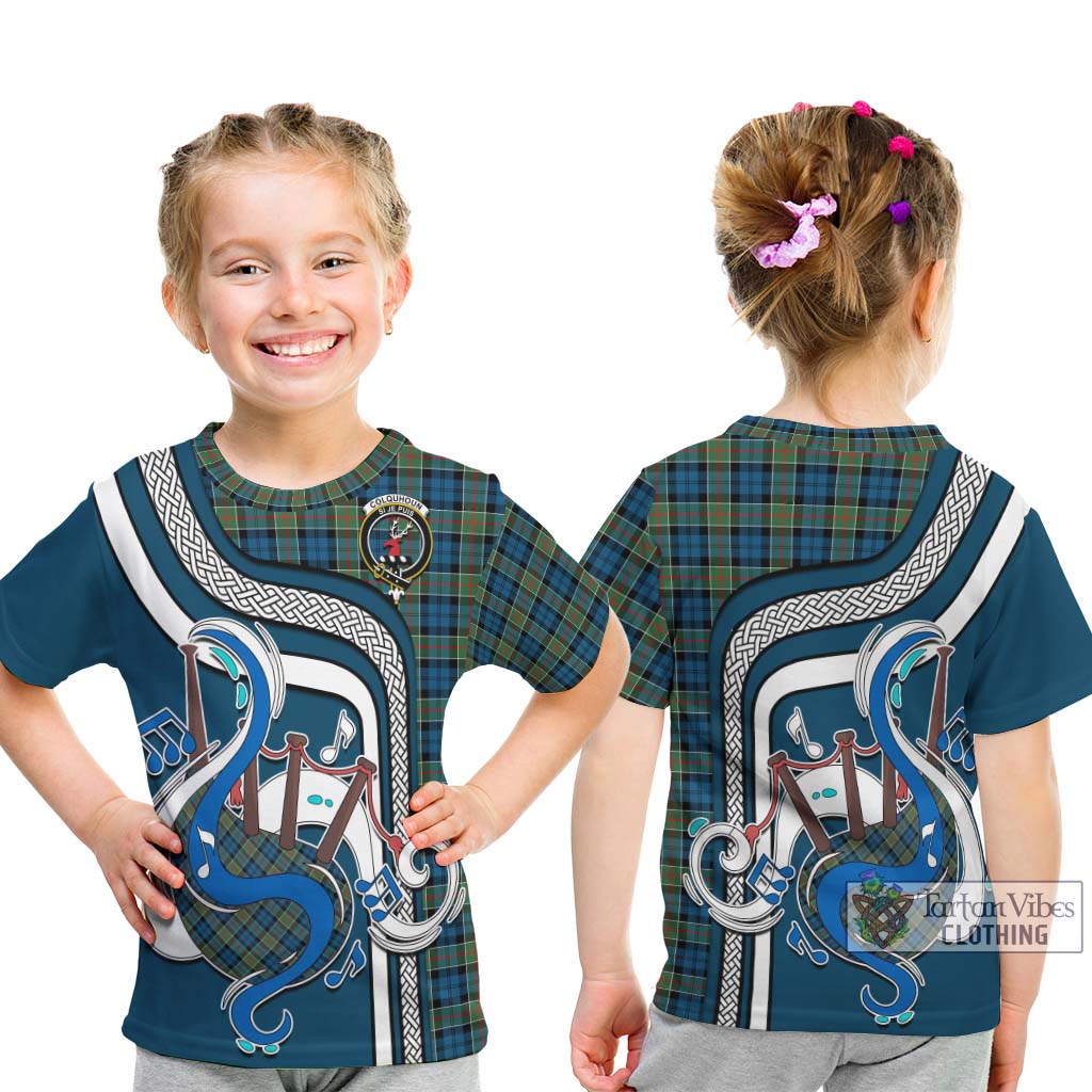 Tartan Vibes Clothing Colquhoun Ancient Tartan Kid T-Shirt with Epic Bagpipe Style