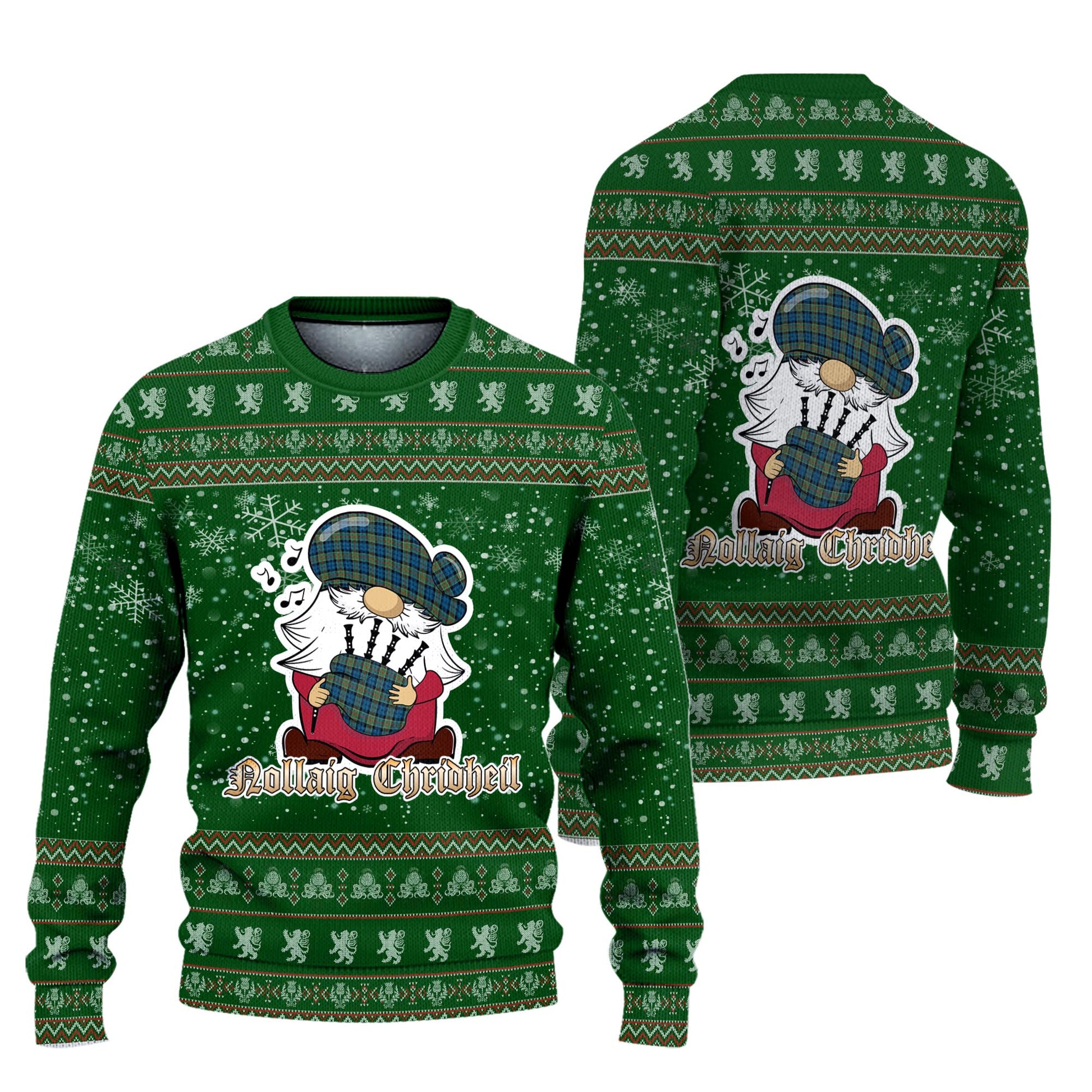 Colquhoun Ancient Clan Christmas Family Knitted Sweater with Funny Gnome Playing Bagpipes Unisex Green - Tartanvibesclothing