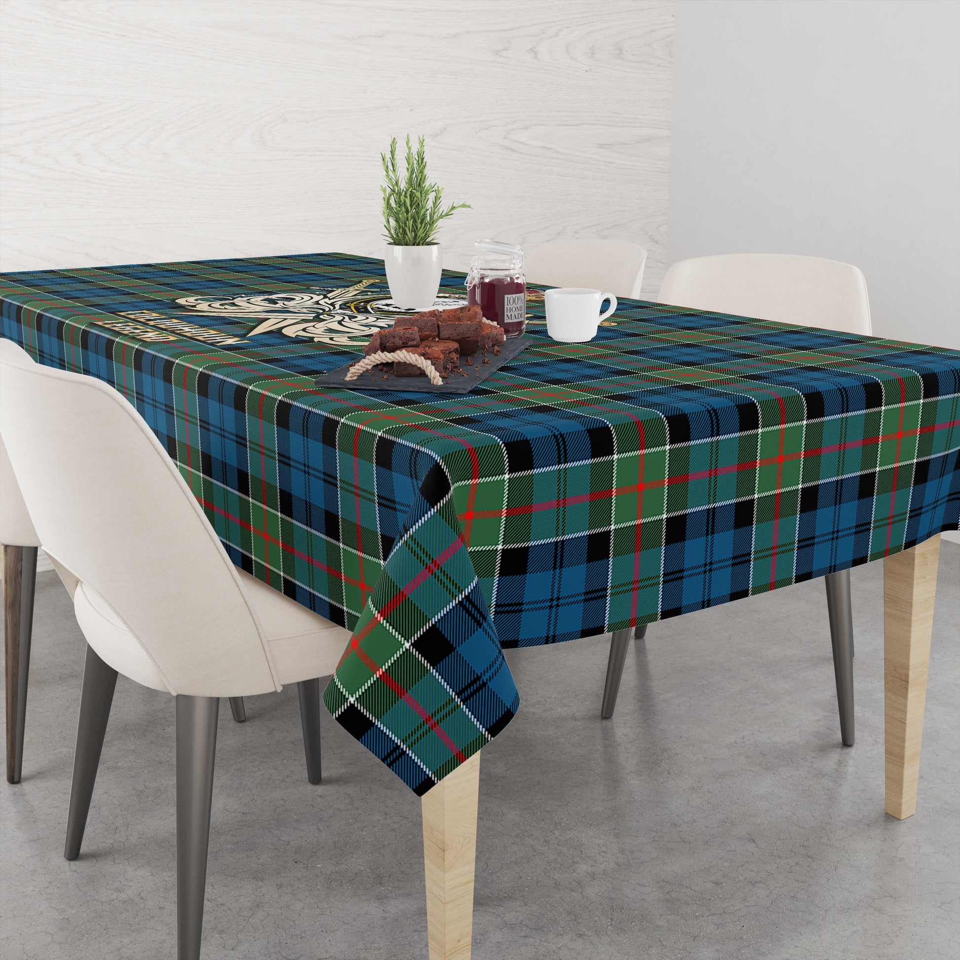 Tartan Vibes Clothing Colquhoun Ancient Tartan Tablecloth with Clan Crest and the Golden Sword of Courageous Legacy