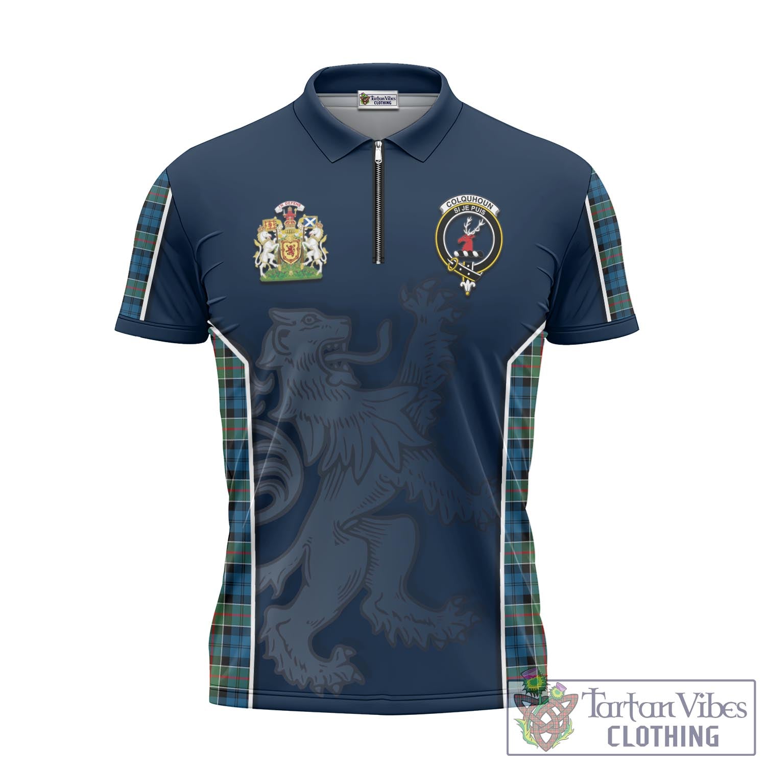 Tartan Vibes Clothing Colquhoun Ancient Tartan Zipper Polo Shirt with Family Crest and Lion Rampant Vibes Sport Style