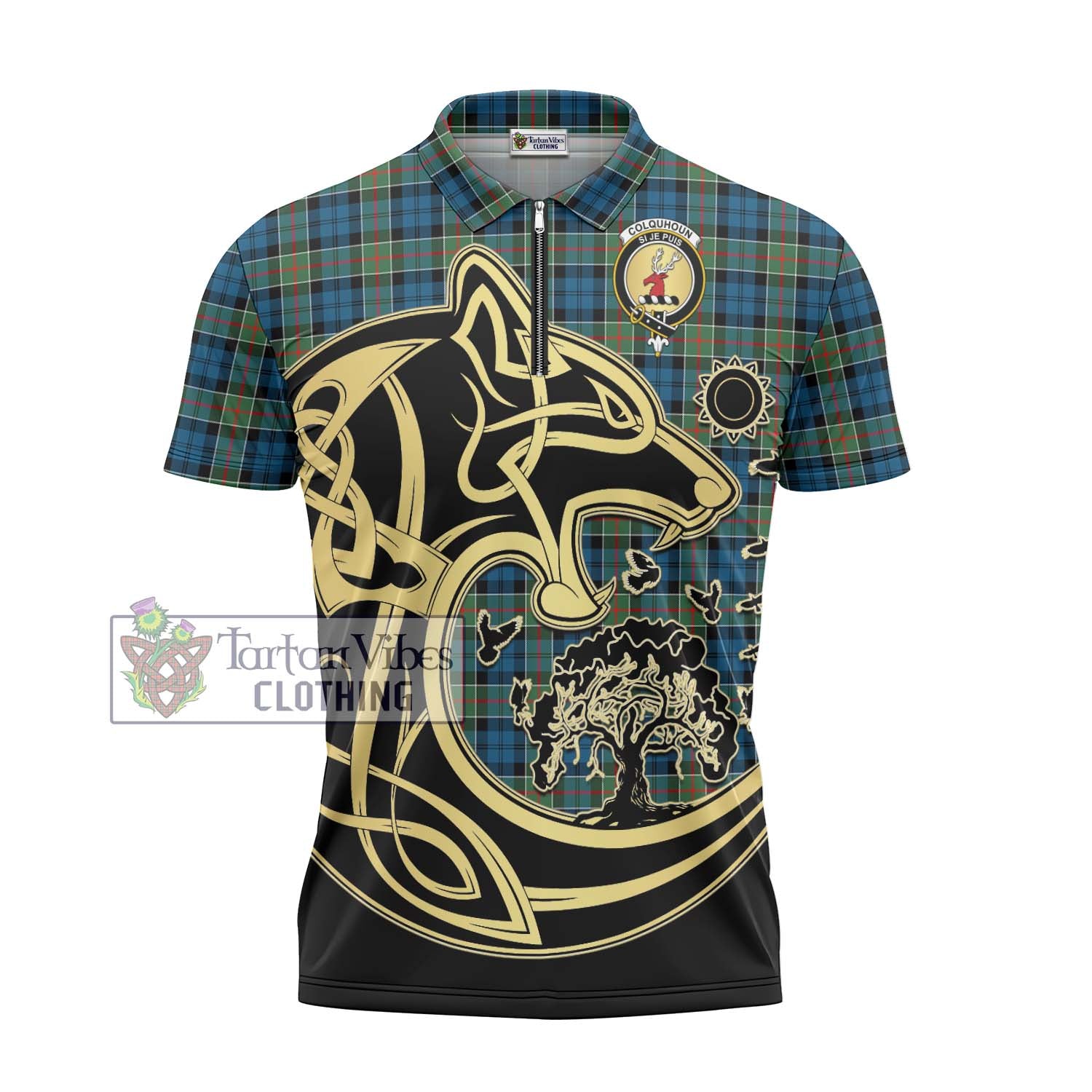 Tartan Vibes Clothing Colquhoun Ancient Tartan Zipper Polo Shirt with Family Crest Celtic Wolf Style