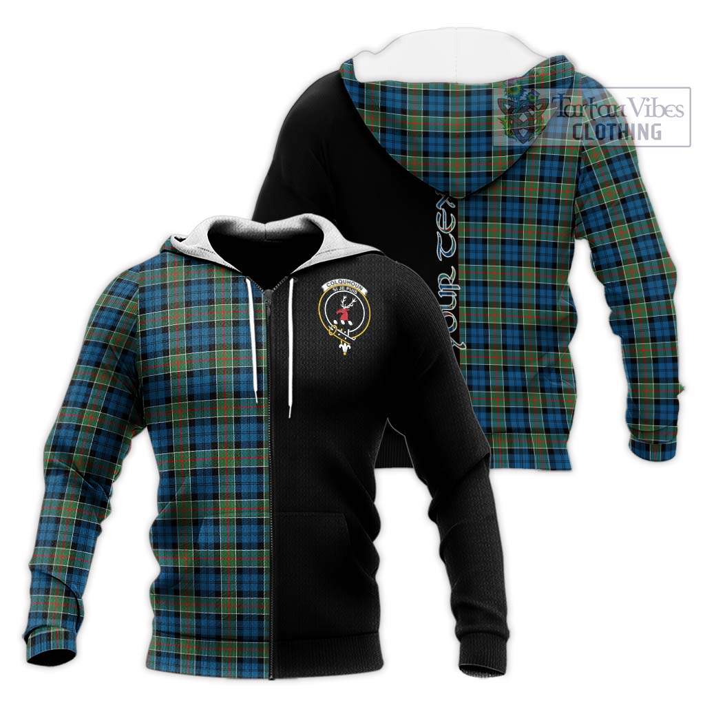 Tartan Vibes Clothing Colquhoun Ancient Tartan Knitted Hoodie with Family Crest and Half Of Me Style