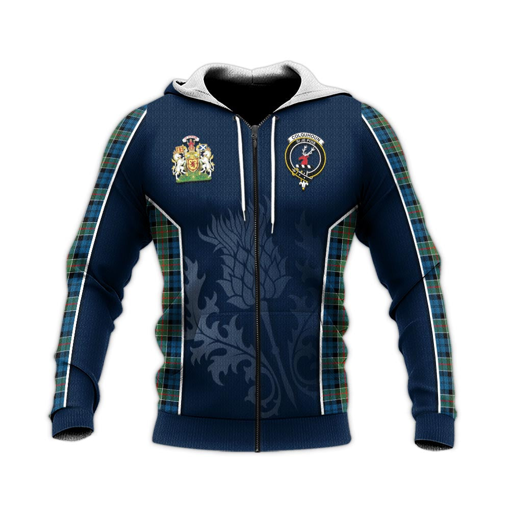 Tartan Vibes Clothing Colquhoun Ancient Tartan Knitted Hoodie with Family Crest and Scottish Thistle Vibes Sport Style