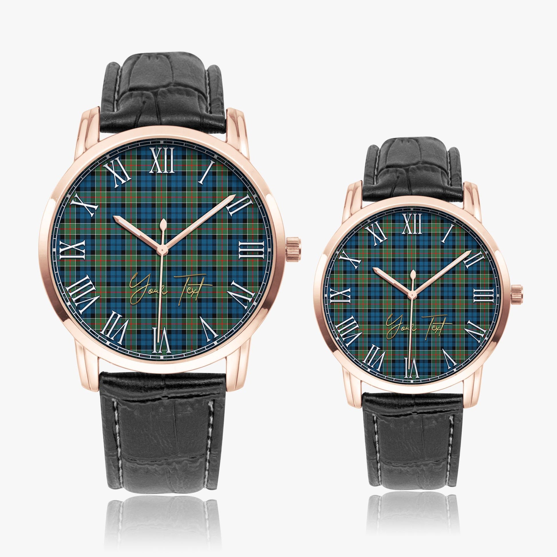 Colquhoun Ancient Tartan Personalized Your Text Leather Trap Quartz Watch Wide Type Rose Gold Case With Black Leather Strap - Tartanvibesclothing