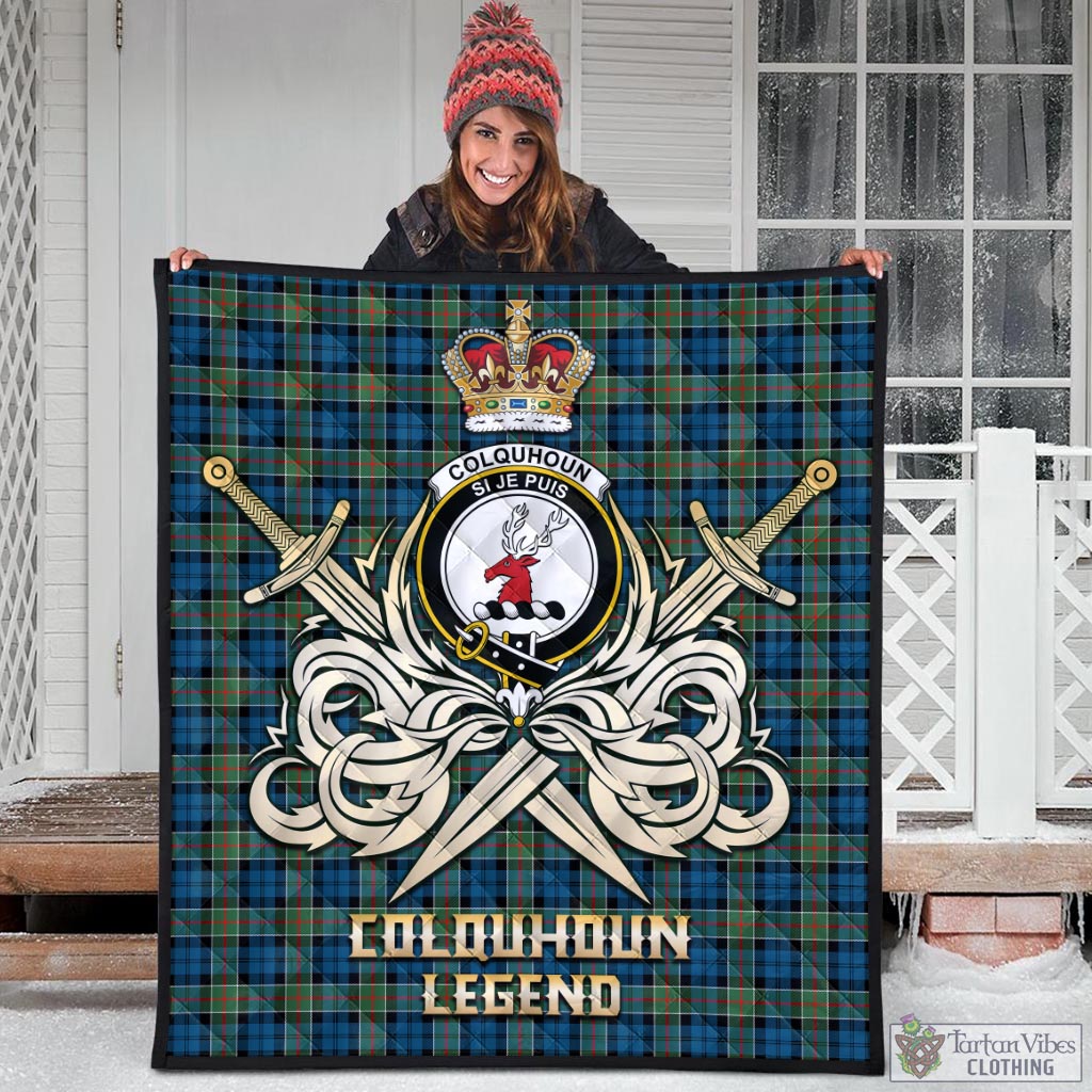 Tartan Vibes Clothing Colquhoun Ancient Tartan Quilt with Clan Crest and the Golden Sword of Courageous Legacy