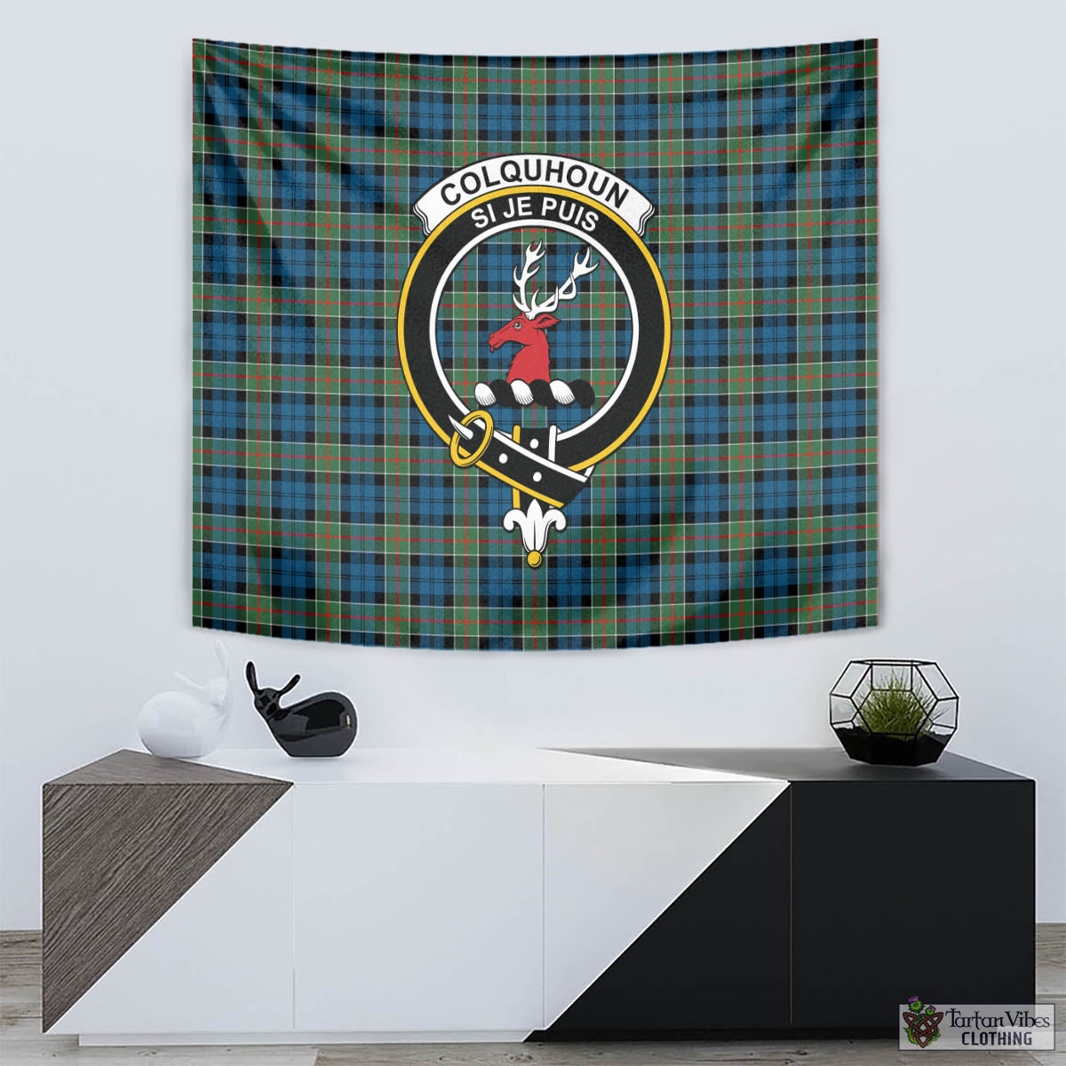 Tartan Vibes Clothing Colquhoun Ancient Tartan Tapestry Wall Hanging and Home Decor for Room with Family Crest