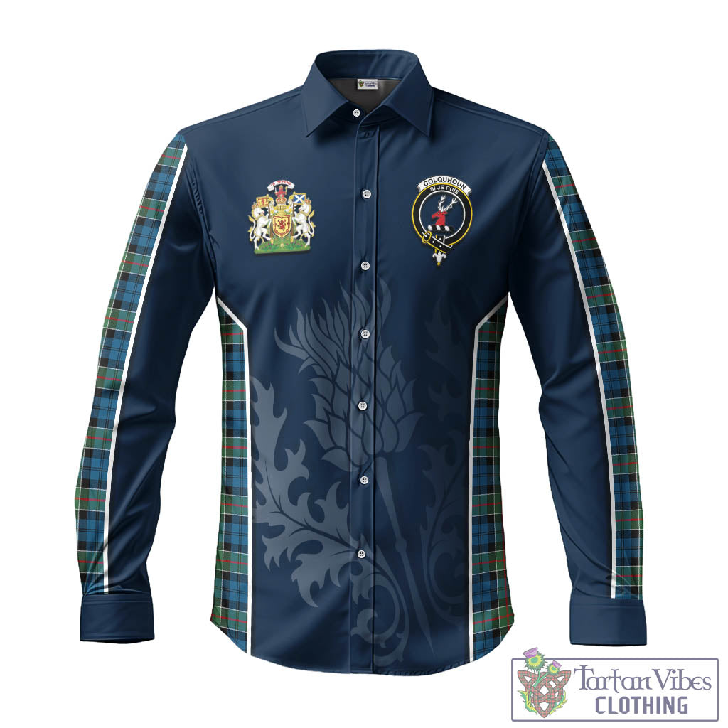 Tartan Vibes Clothing Colquhoun Ancient Tartan Long Sleeve Button Up Shirt with Family Crest and Scottish Thistle Vibes Sport Style