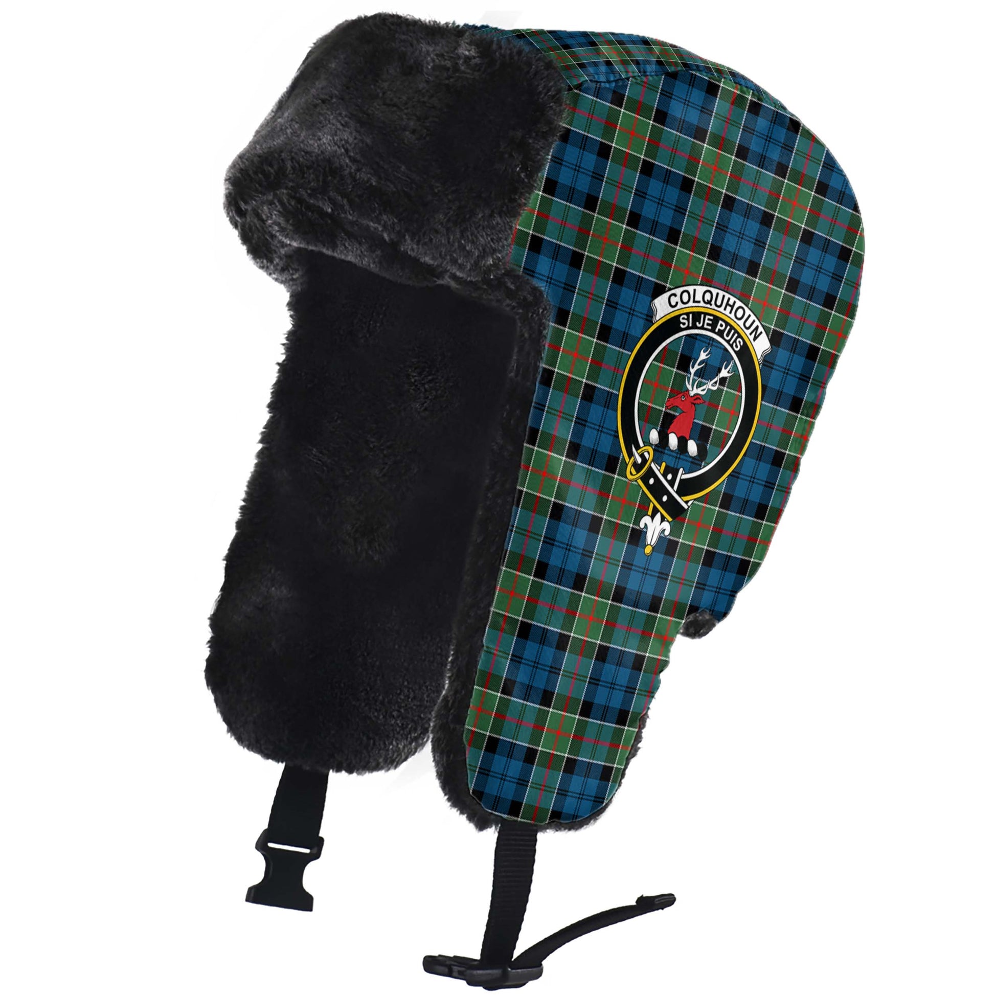 Colquhoun Ancient Tartan Winter Trapper Hat with Family Crest - Tartanvibesclothing