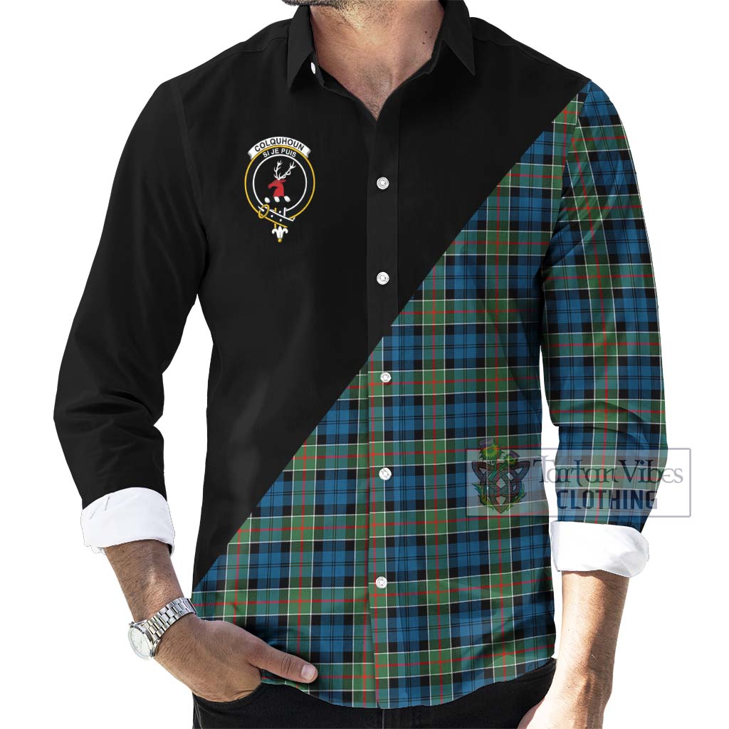 Tartan Vibes Clothing Colquhoun Ancient Tartan Long Sleeve Button Shirt with Family Crest and Military Logo Style