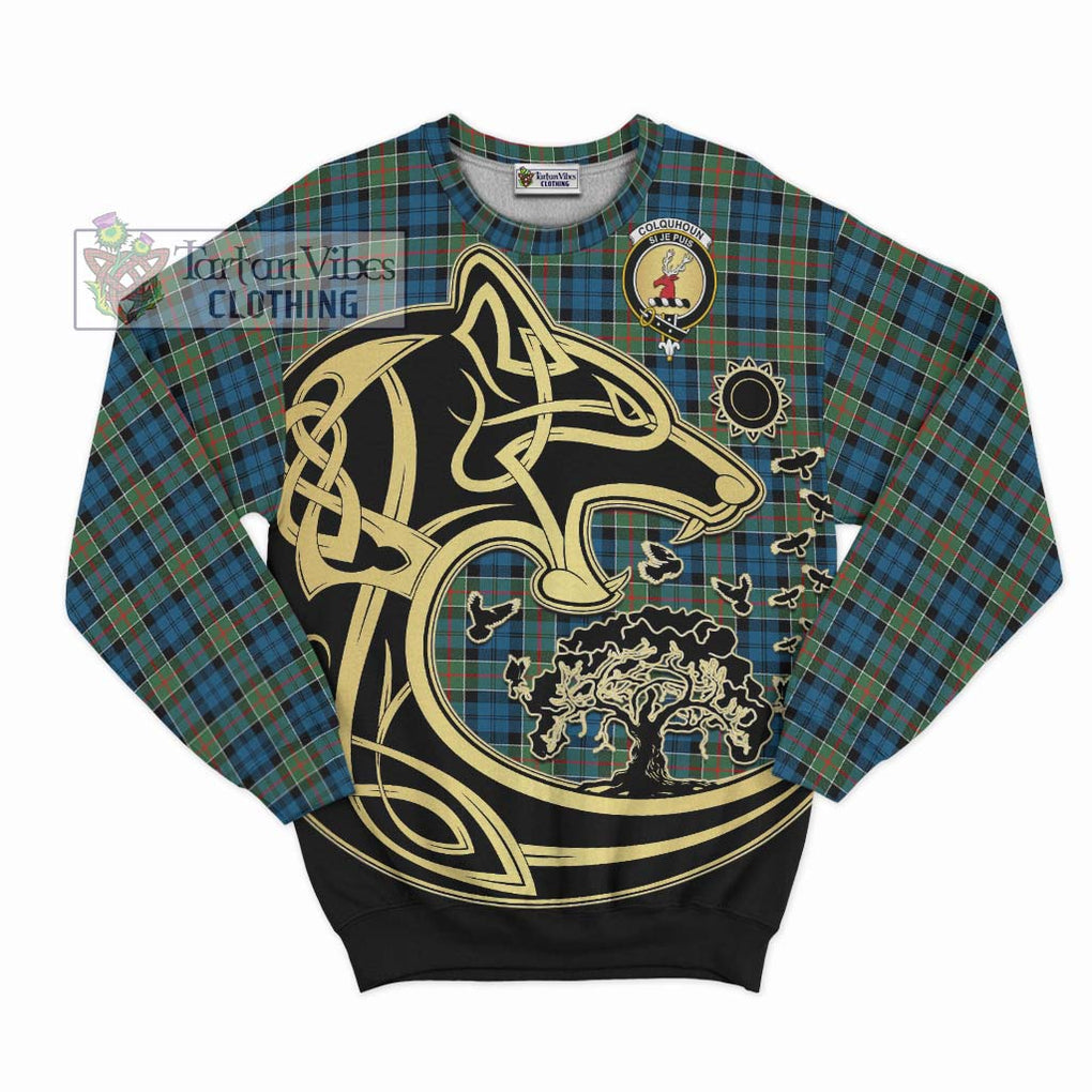 Colquhoun Ancient Tartan Sweatshirt with Family Crest Celtic Wolf Style - Tartan Vibes Clothing