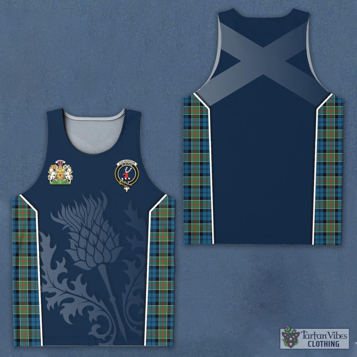 Tartan Vibes Clothing Colquhoun Ancient Tartan Men's Tanks Top with Family Crest and Scottish Thistle Vibes Sport Style