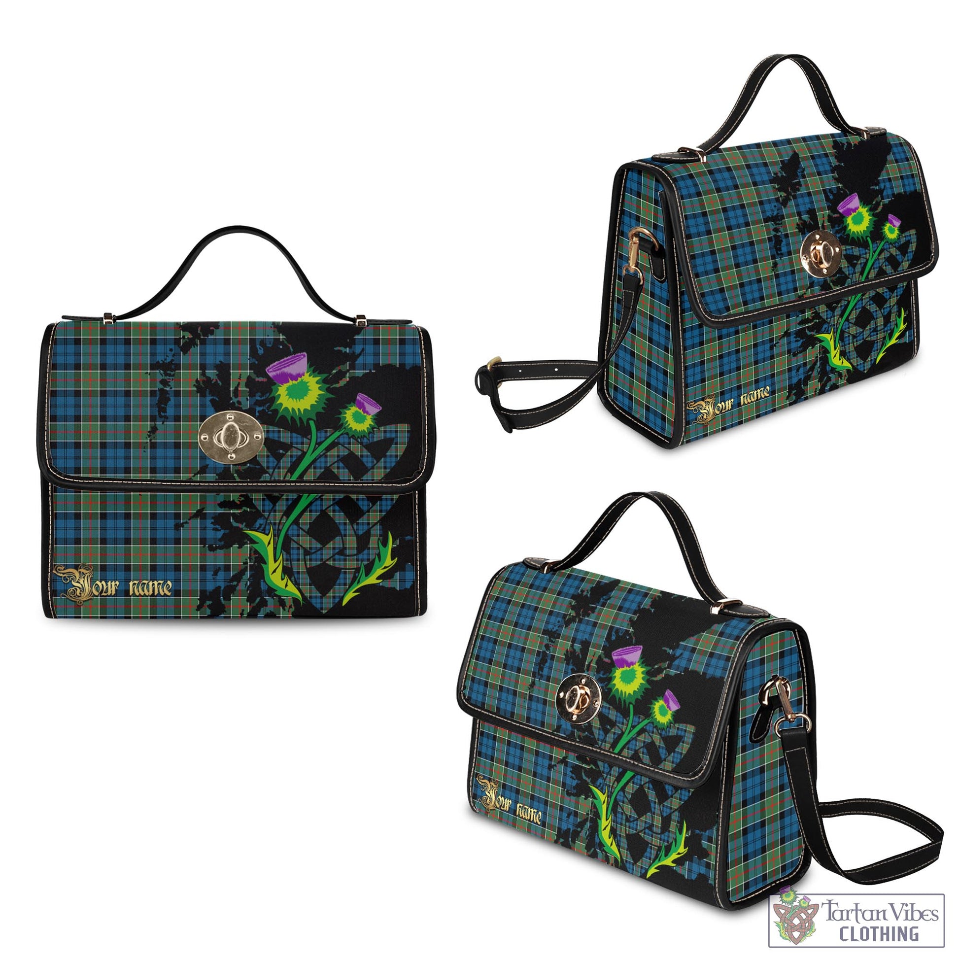 Tartan Vibes Clothing Colquhoun Ancient Tartan Waterproof Canvas Bag with Scotland Map and Thistle Celtic Accents