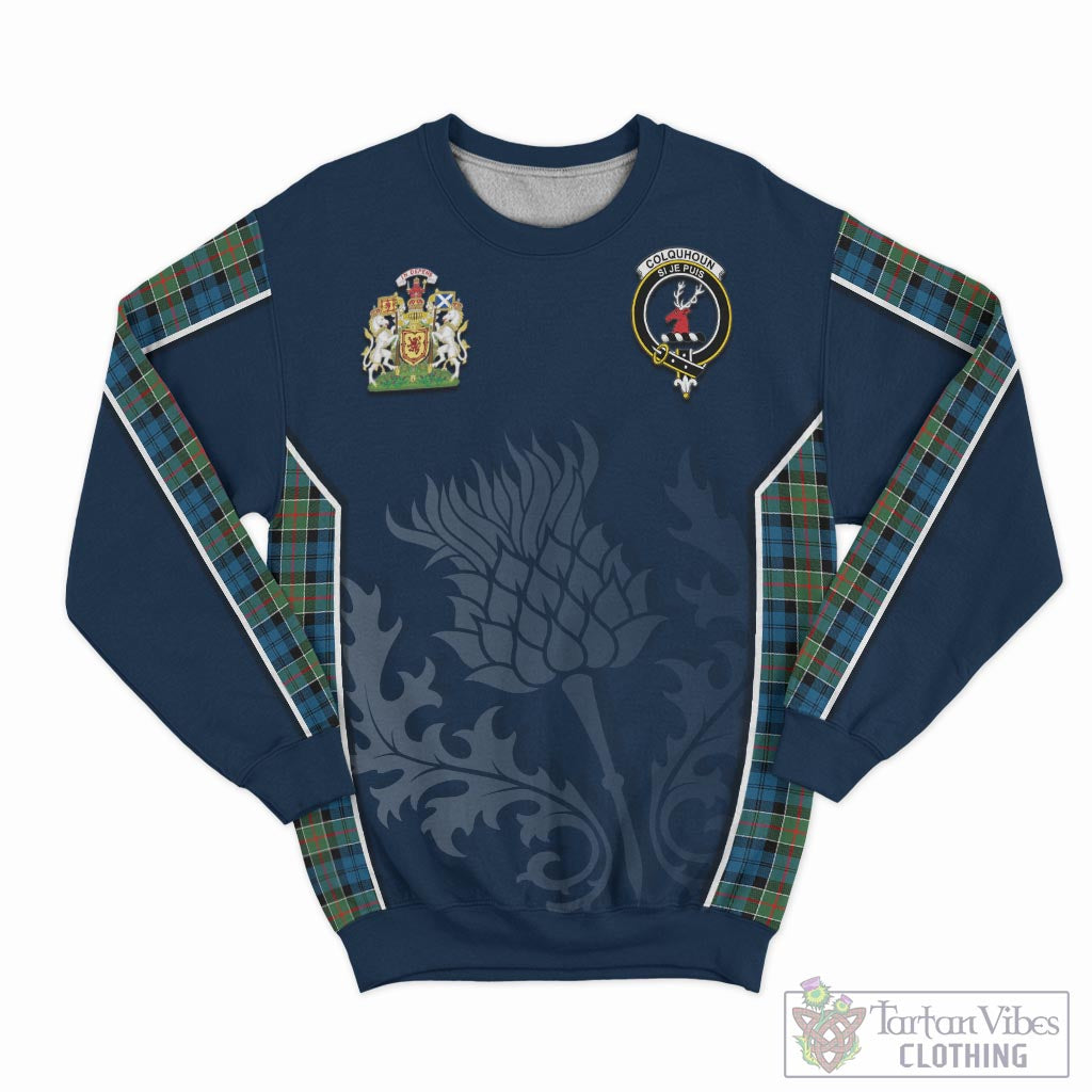 Tartan Vibes Clothing Colquhoun Ancient Tartan Sweatshirt with Family Crest and Scottish Thistle Vibes Sport Style