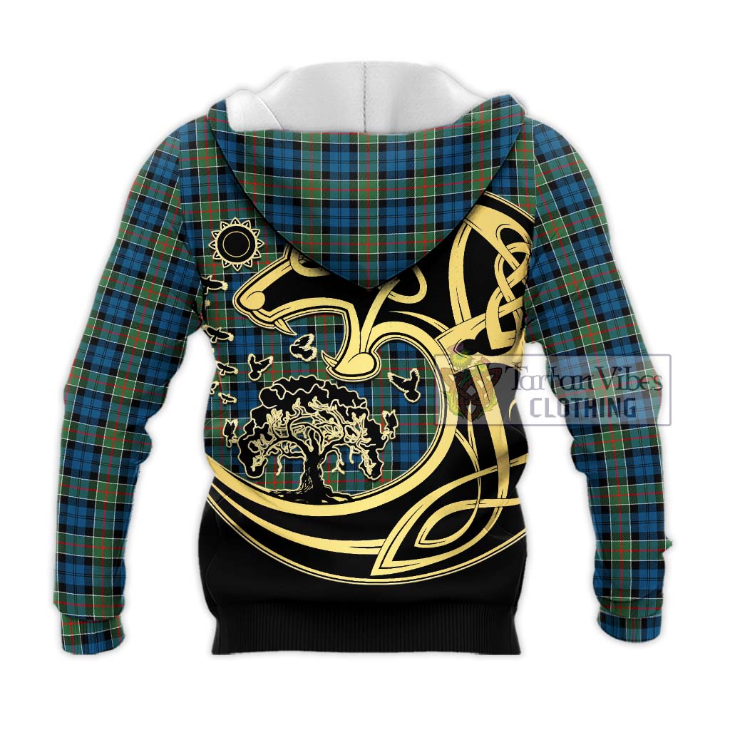 Tartan Vibes Clothing Colquhoun Ancient Tartan Knitted Hoodie with Family Crest Celtic Wolf Style