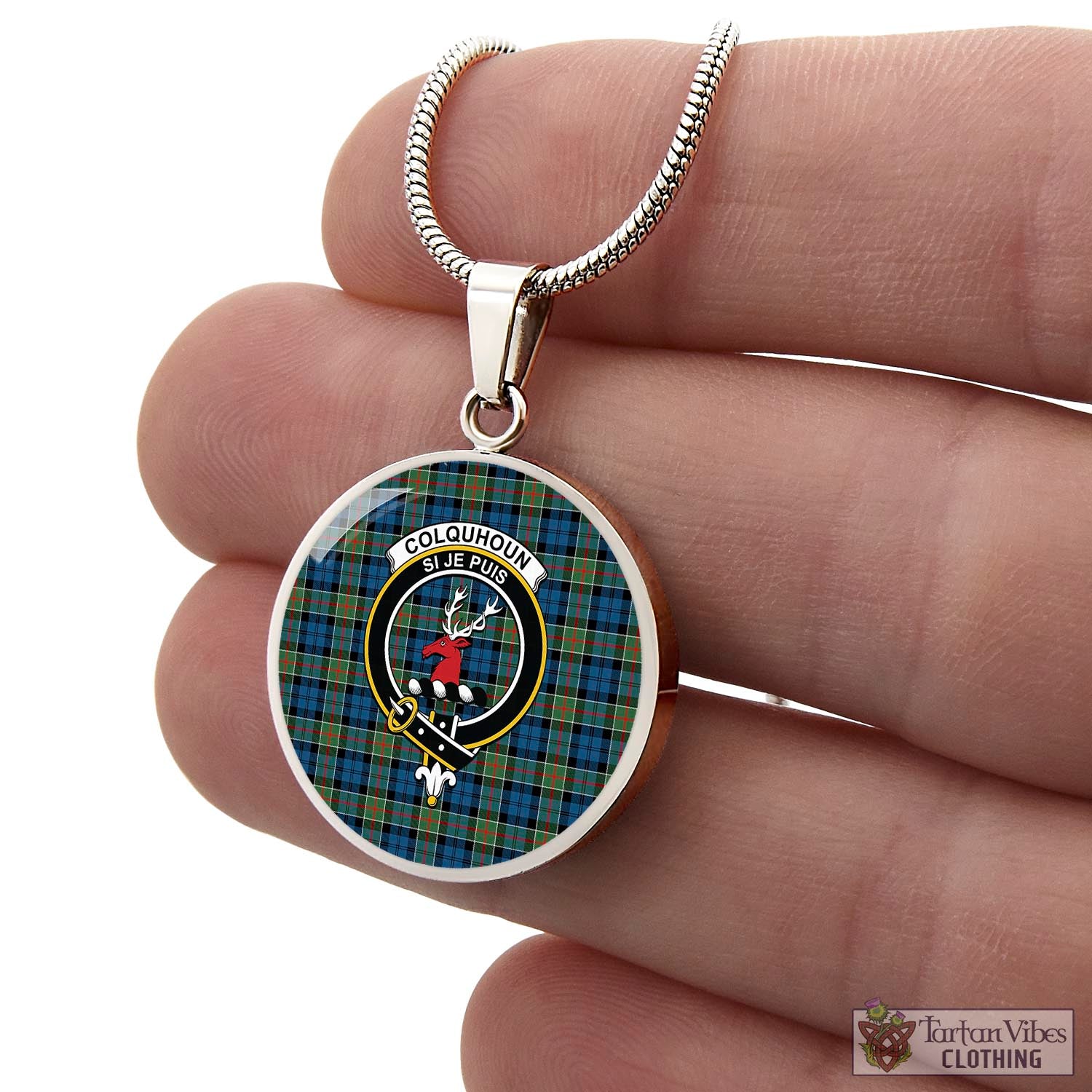 Tartan Vibes Clothing Colquhoun Ancient Tartan Circle Necklace with Family Crest