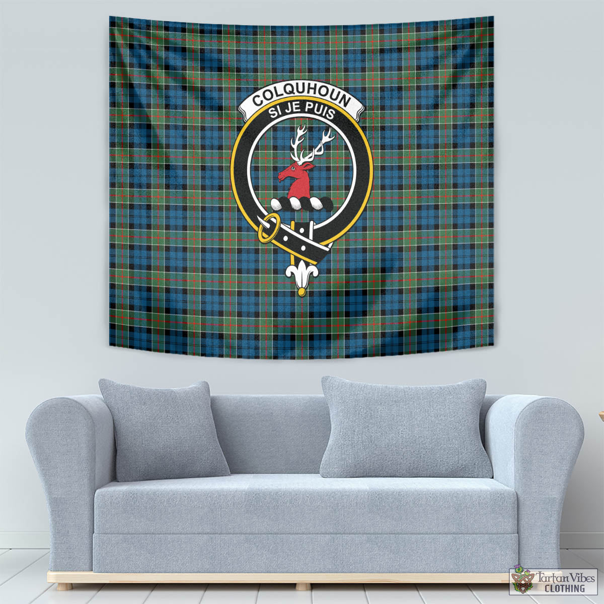 Tartan Vibes Clothing Colquhoun Ancient Tartan Tapestry Wall Hanging and Home Decor for Room with Family Crest