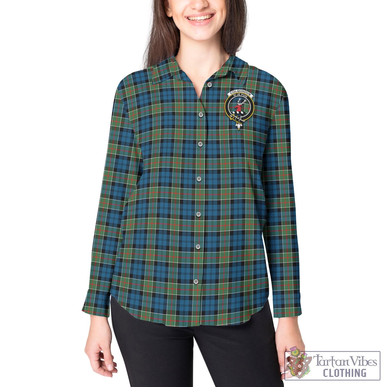 Tartan Vibes Clothing Colquhoun Ancient Tartan Womens Casual Shirt with Family Crest